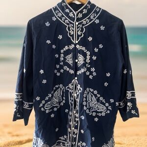 Elegant Navy Blue Embroidered Button Down Shirt